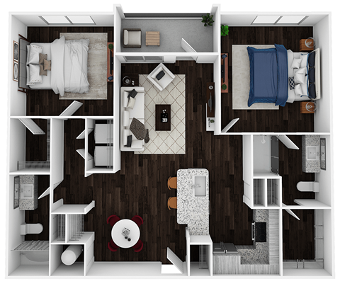 Floor plan for 2 beds, 2 baths, 1105 sqft